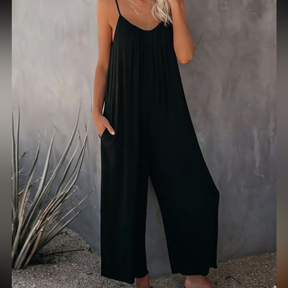 Boutique Black Jumpsuit with Pockets and Adjustable Straps
